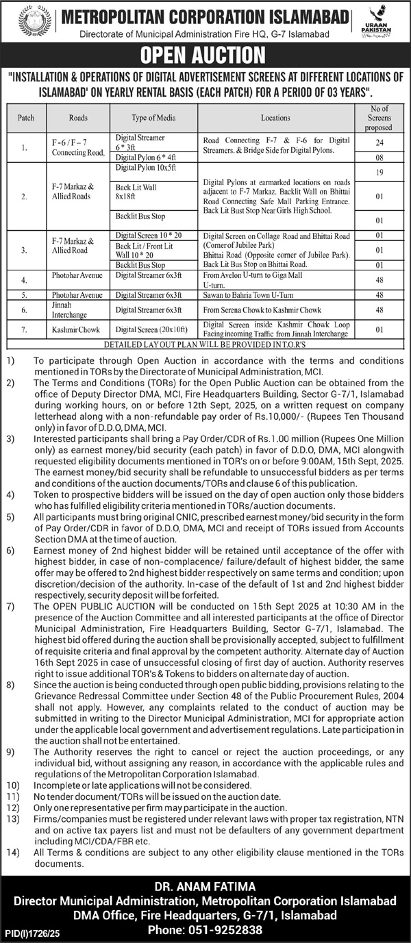 Metropolitan Corporation Islamabad Tender Notice